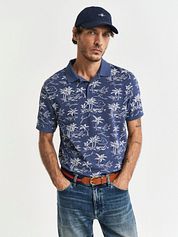 Gant Polo Shirt Palm Print Dusty Navy