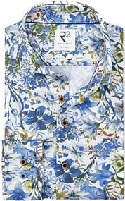 R2 Overhemd Linen Blend Floral Print Blue