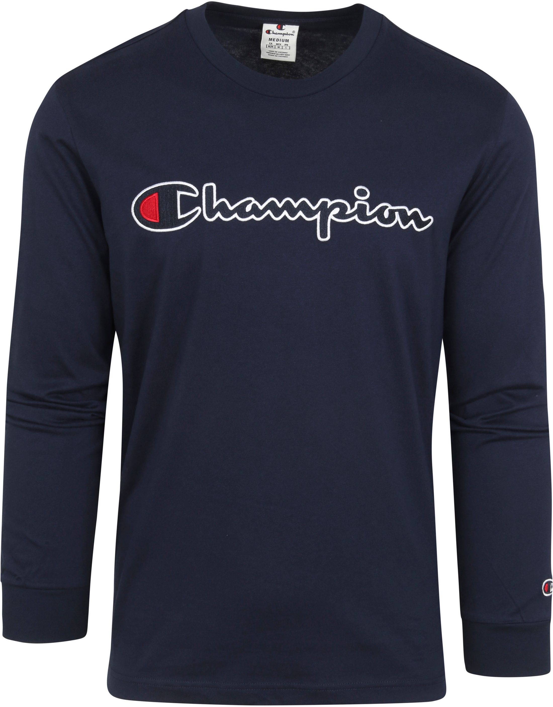 Champion Longsleeve T-Shirt Script Logo Navy Blue Dark Blue size L