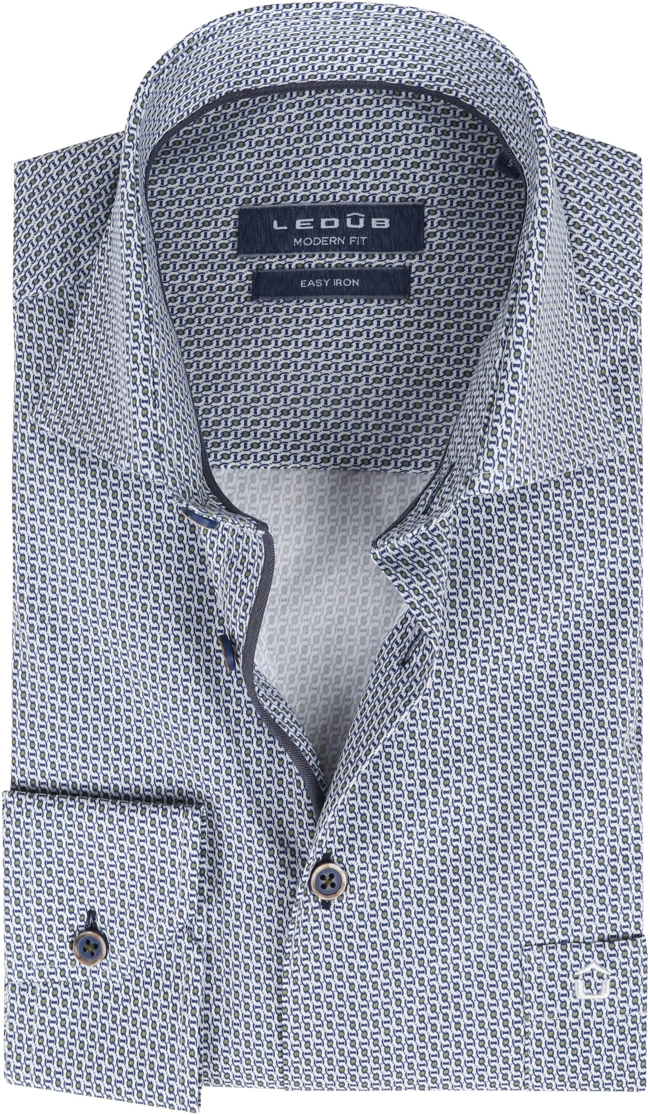 Ledub Cotton Shirt Print Pattern Navy Blue Green White size 15