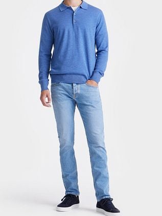 King Essentials The Robert Long Sleeve Polo Shirt Merino Mid Blue