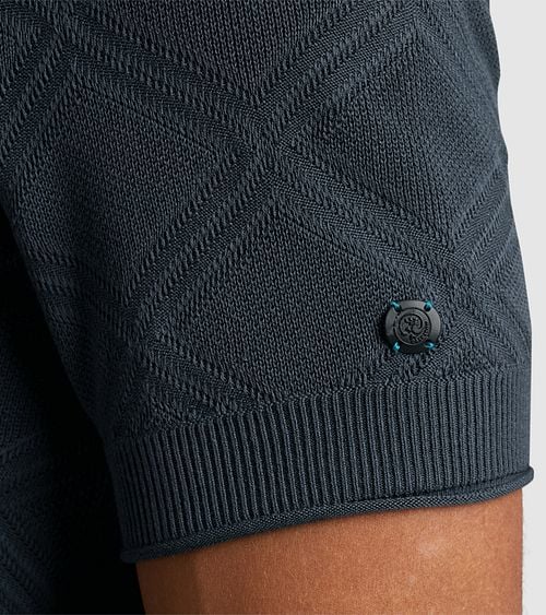 Cast Iron Knitted Half Zip Polo Shirt Structure Blue Model / Detail