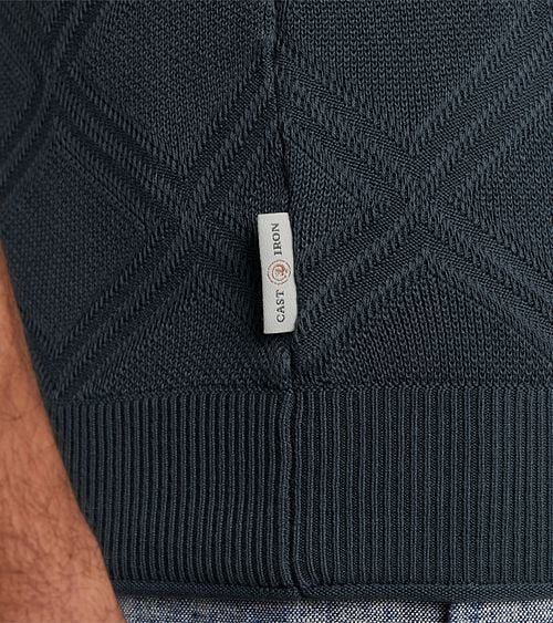 Cast Iron Knitted Half Zip Polo Shirt Structure Blue Model / Detail