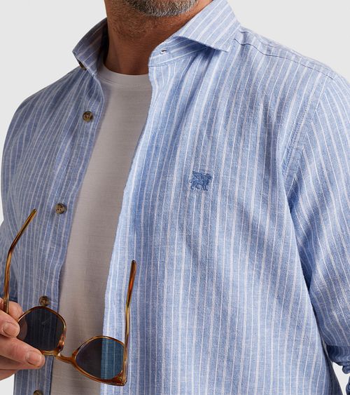 Vanguard Linen Shirt Stripes Blue Model / Detail