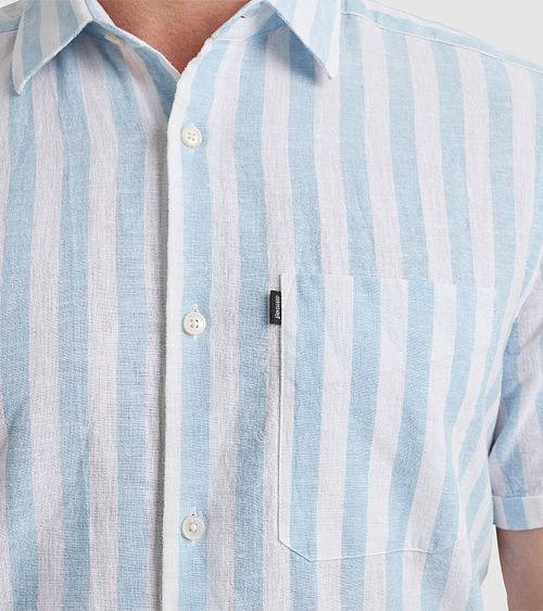 Vanguard Short Sleeve Overhemd Linnen Streep Lichtblauw Model / Detail