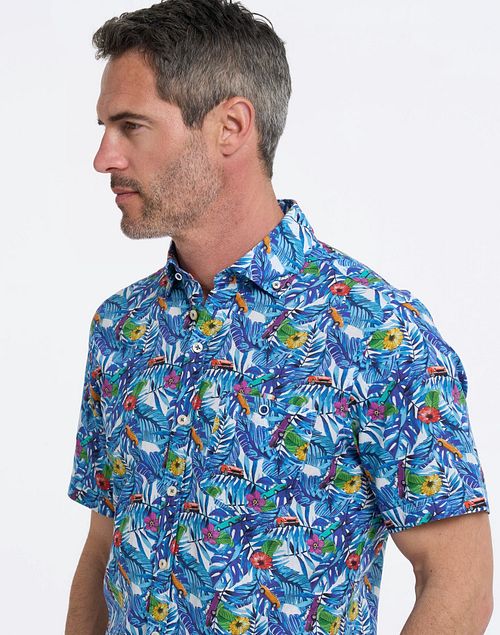 R2 Shirt Short Sleeves Print Blue Model / Zijkant