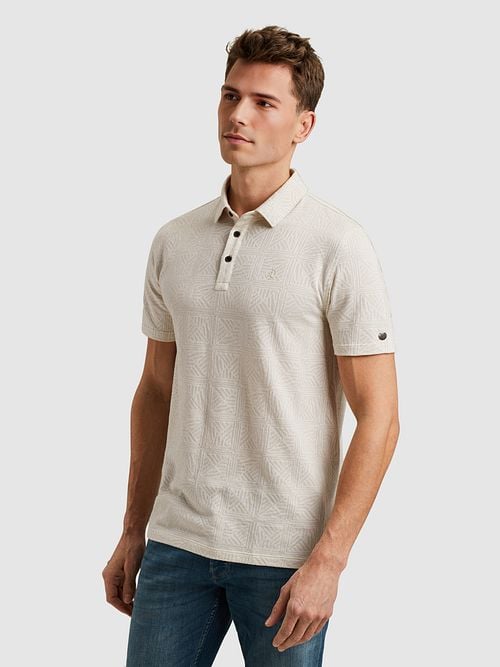 Cast Iron Polo Shirt Jacquard Print Ecru Model / Zijkant