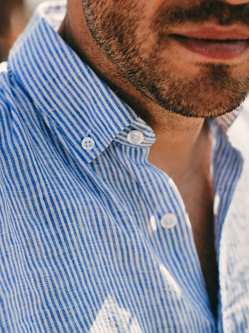 Steppin' Out Hemd Leinen Streifen Hellblau Model / Detail