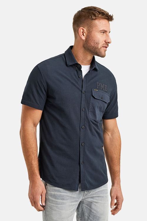 PME Legend Short Sleeve Hemd Jersey Piqué Navy Model / Voorkant