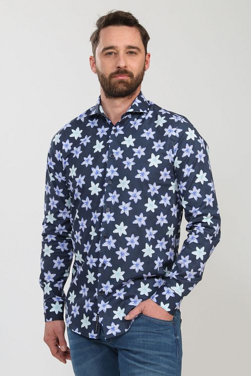 Blue Industry Chemise Fleurs Bleu Foncé Model / Voorkant