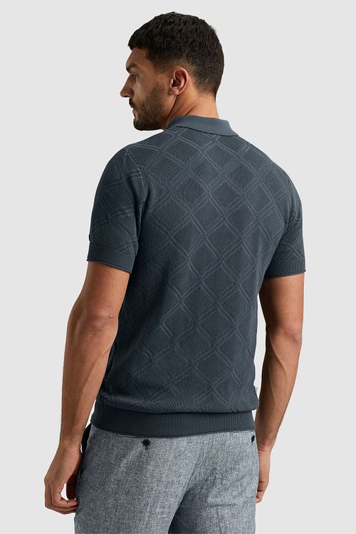 Cast Iron Knitted Half Zip Poloshirt Structure Bleu Model / Achterkant