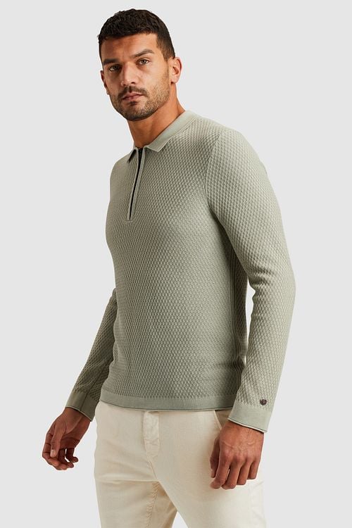 Cast Iron Long Sleeve Half Zip Polo Shirt Structure Light Green Model / Zijkant