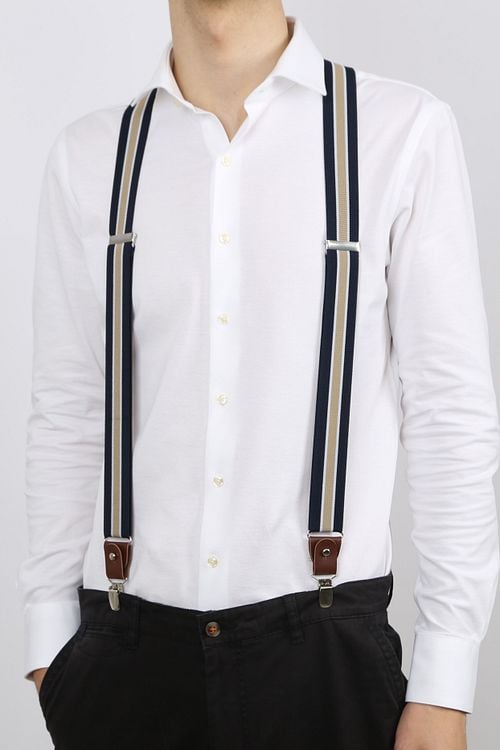 Suitable Luxe Suspenders Navy Stripe Beige Model / Voorkant