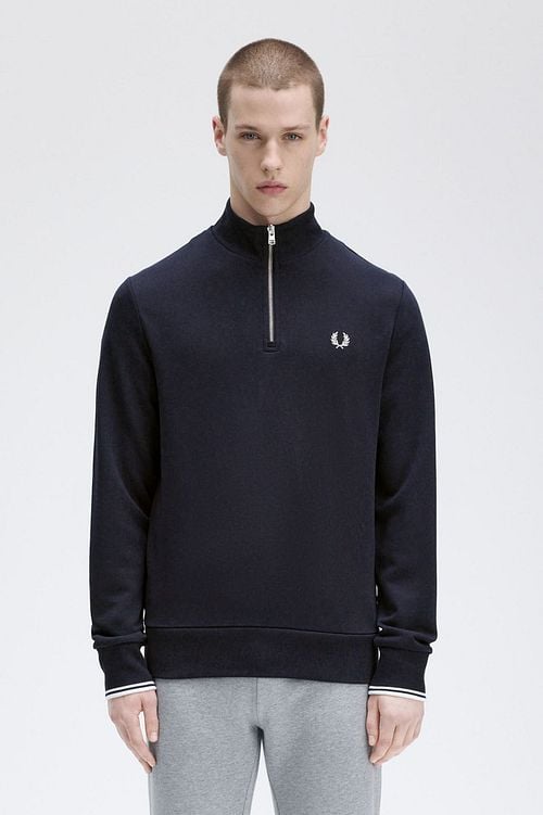 Fred Perry Half Zip Trui Navy Blauw Model / Voorkant