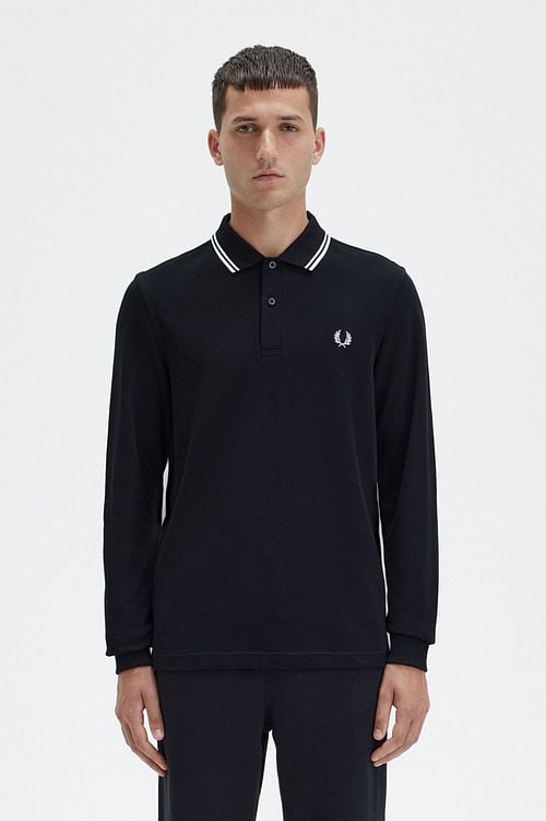 Fred Perry Langarm-Poloshirt Schwarz 350 Model / Voorkant