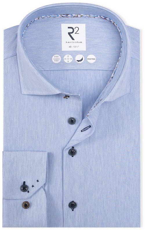 R2 Knitted Travel Shirt Herringbone Light Blue