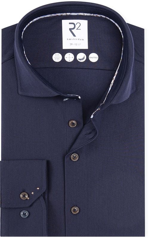 R2 Knitted Travel Hemd Herringbone Navy
