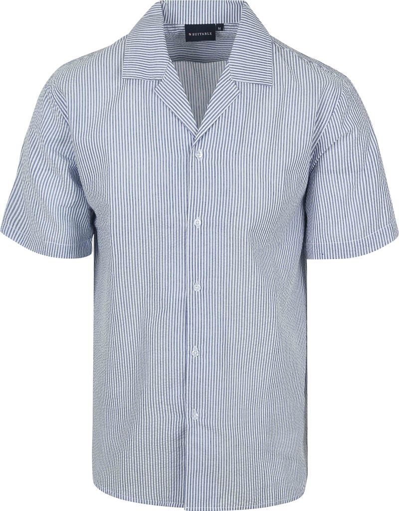 Suitable Short Sleeve Overhemd Stripe Seersucker Lichtblauw