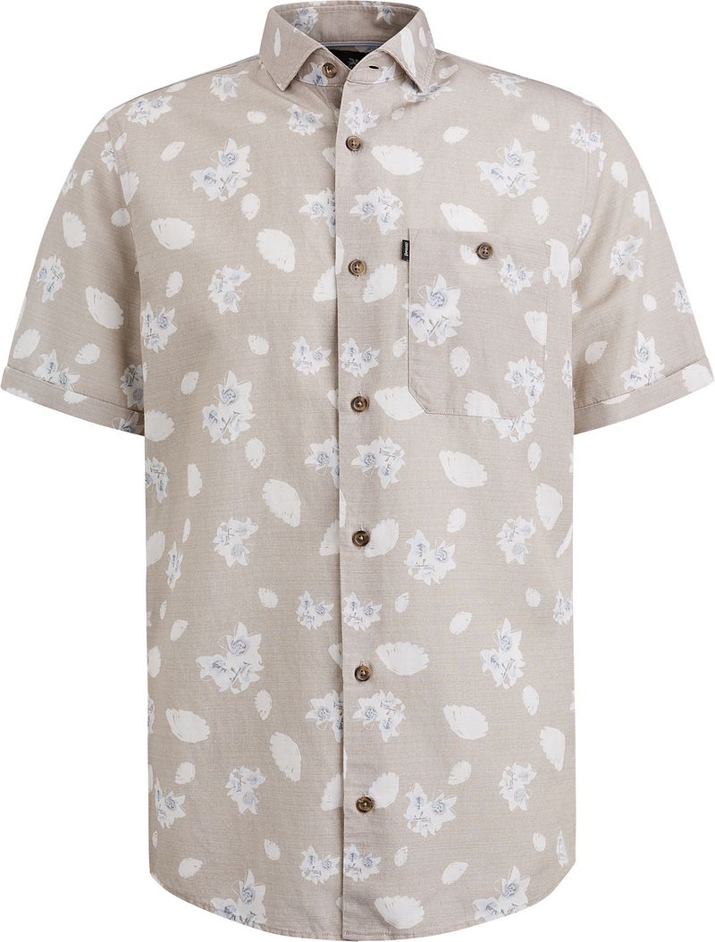 VANGUARD Heren Overhemden Short Sleeve Shirt Printed Tencel Cotton Linen Beige