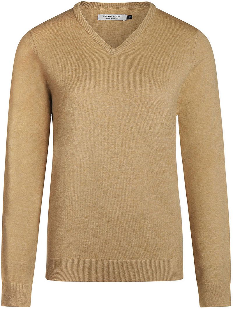Steppin' Out Dames Pullover V-hals Merinowol Camel