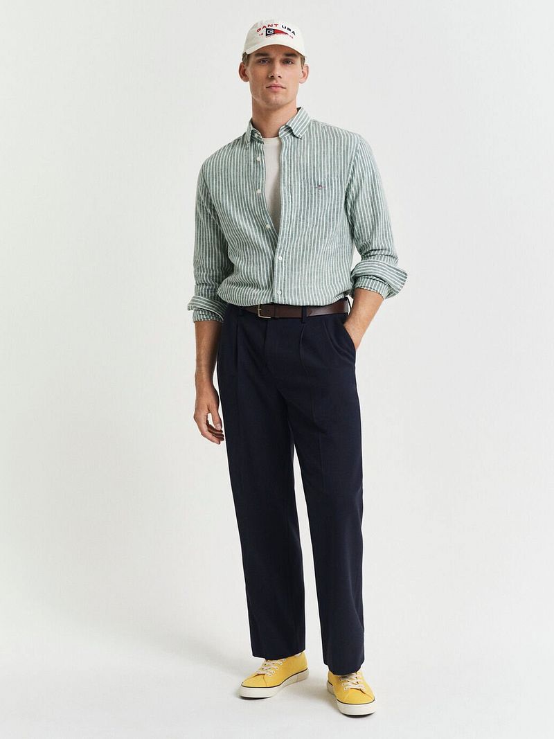 Gant Casual Hemd Streifen Leinen Grün - Größe M günstig online kaufen