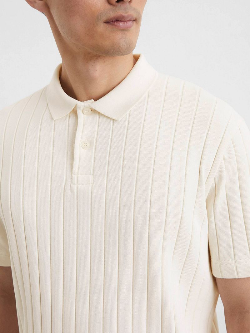 Marc O'Polo Knitted Poloshirt Ribstructuur Off White