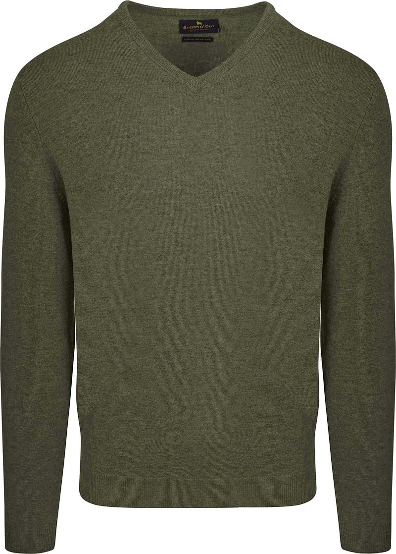 Steppin' Out Pullover V-hals Merinowol Olijfgroen