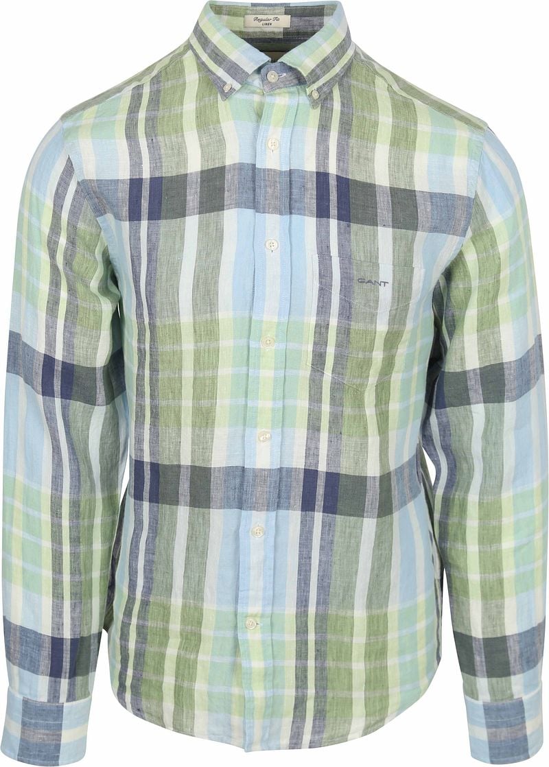 Gant Overhemd Linnen Ruiten Blauw Groen
