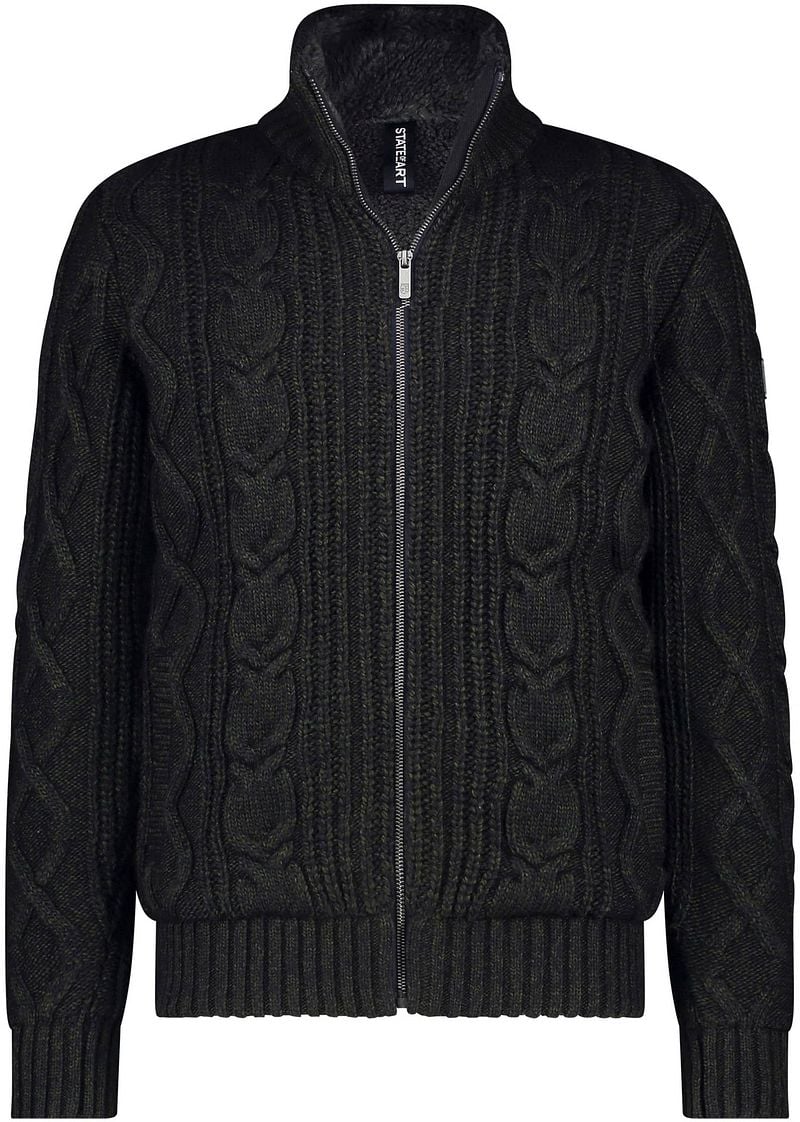 State of Art grofgebreid vest met wol en ingebreid patroon donkergroen