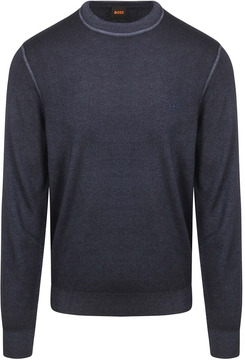 Boss Orange Blauwe Wollen Trui Geribbelde Ronde Hals Lange Mouw Blue Heren