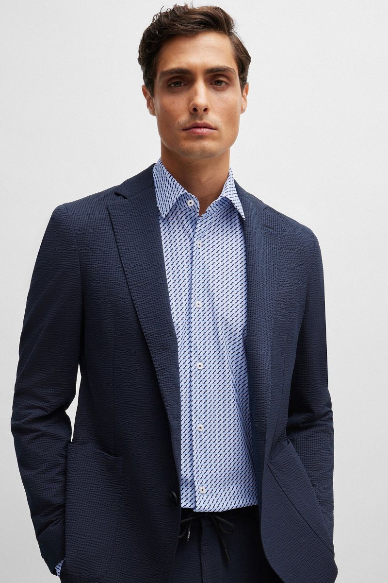 Boss Hank Overhemd Stretch Print Blauw
