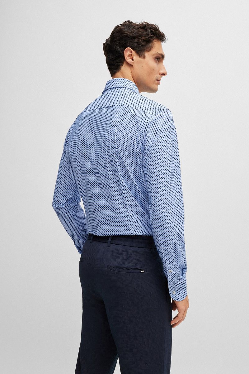 Boss Hank Overhemd Stretch Print Blauw