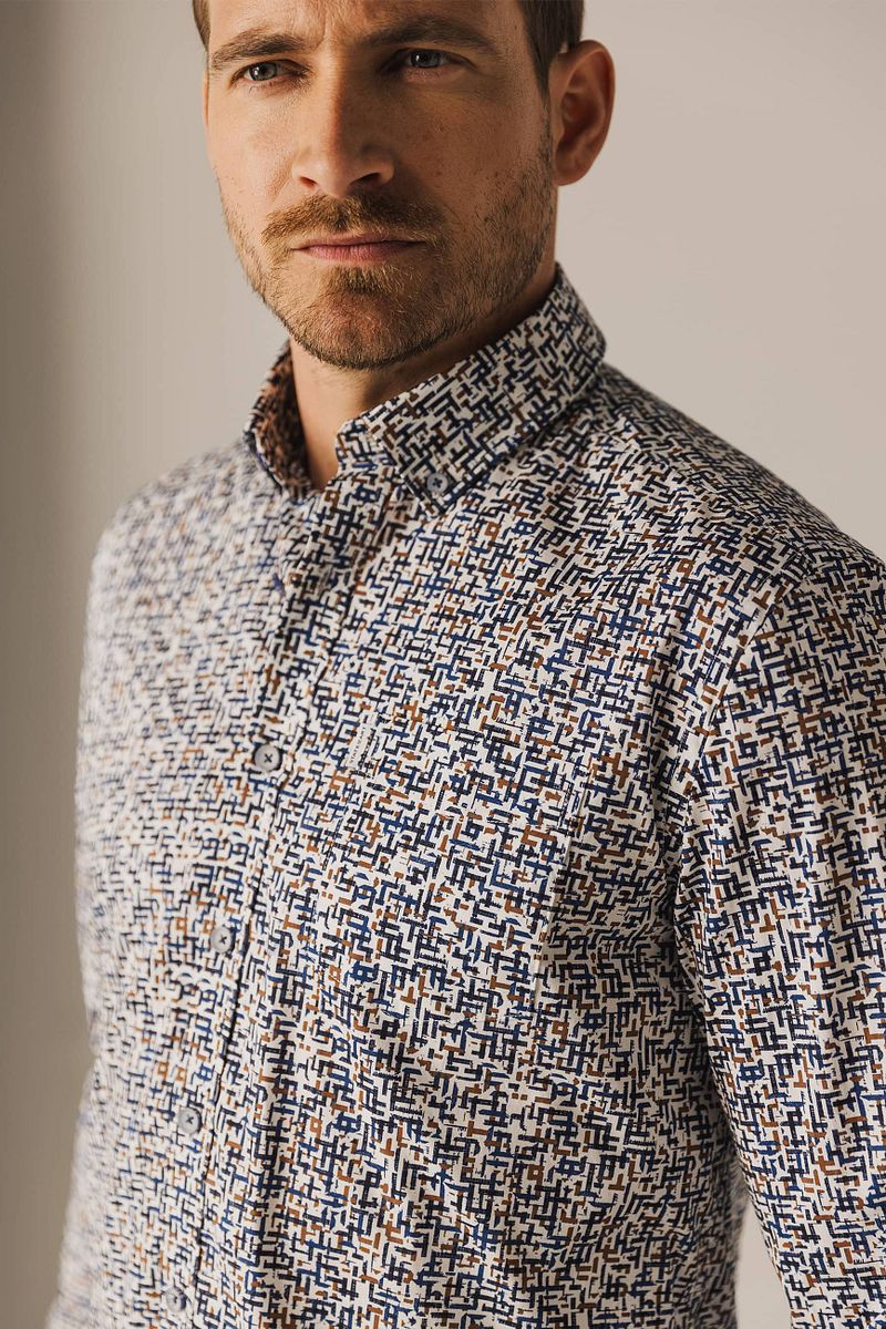 State of Art Overhemd Poplin Print Blauw Rood