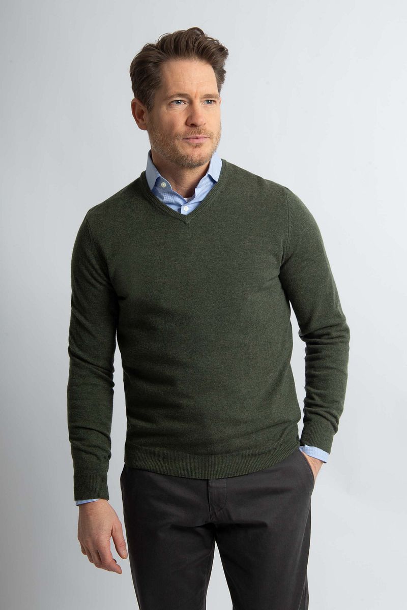 Steppin' Out Pullover V-hals Merinowol Olijfgroen