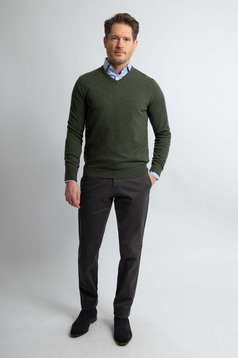 Steppin' Out Pullover V-hals Merinowol Olijfgroen