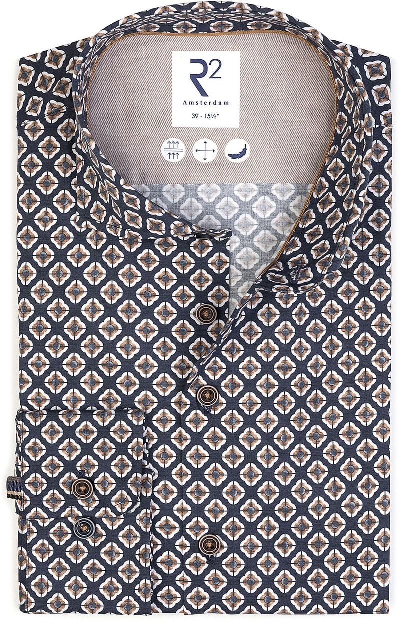 R2 Amsterdam R2 Overhemd Camel Flower Print Navy
