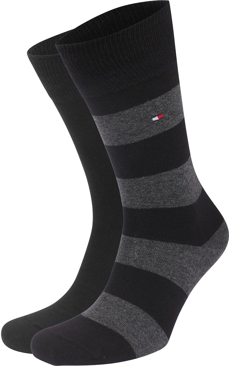 Tommy Hilfiger 2-Pack Socken Streifen Uni Schwarz - Größe 43-46 günstig online kaufen