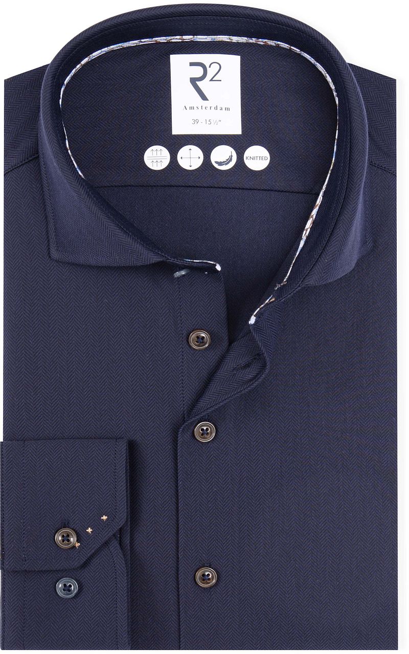R2 Knitted Travel Hemd Herringbone Navy - Größe 40 günstig online kaufen