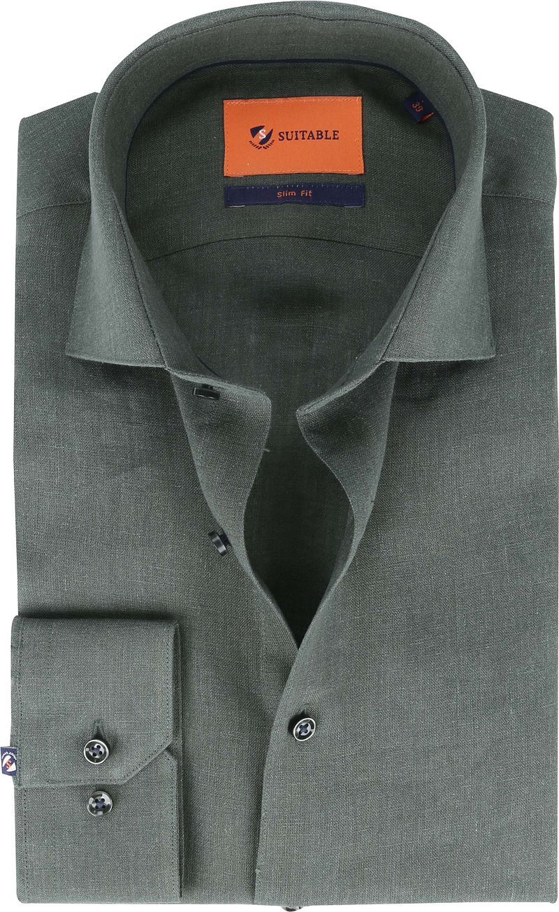 Suitable Chemise Col Italien Lin Foncé Vert Vert foncé taille 39