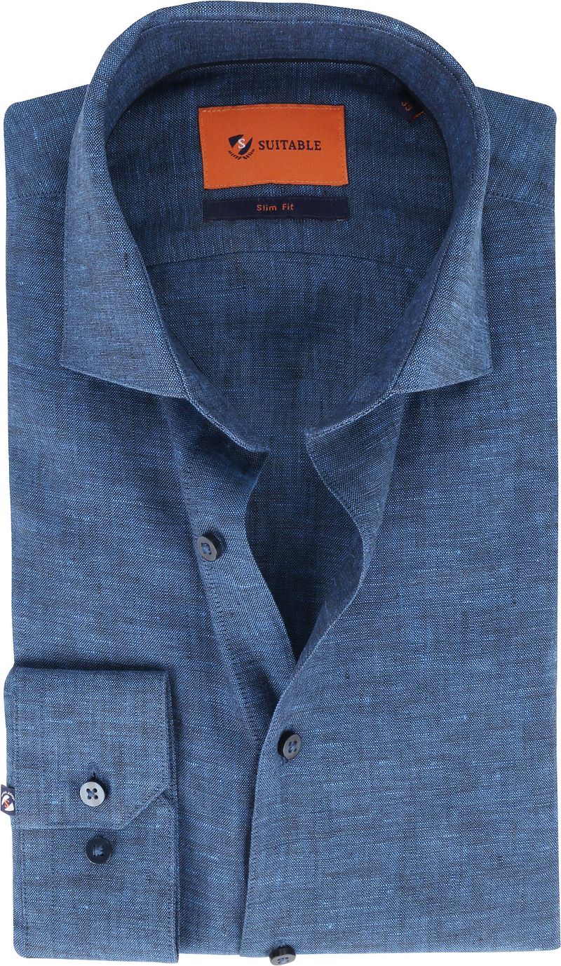 Suitable Chemise Col Italien Lin Indigo Bleu Bleu foncé taille 38