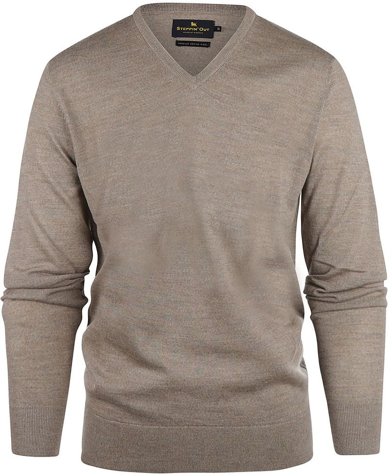 Steppin' Out Pullover V-Ausschnitt Merinowolle Taupe - Größe 3XL günstig online kaufen