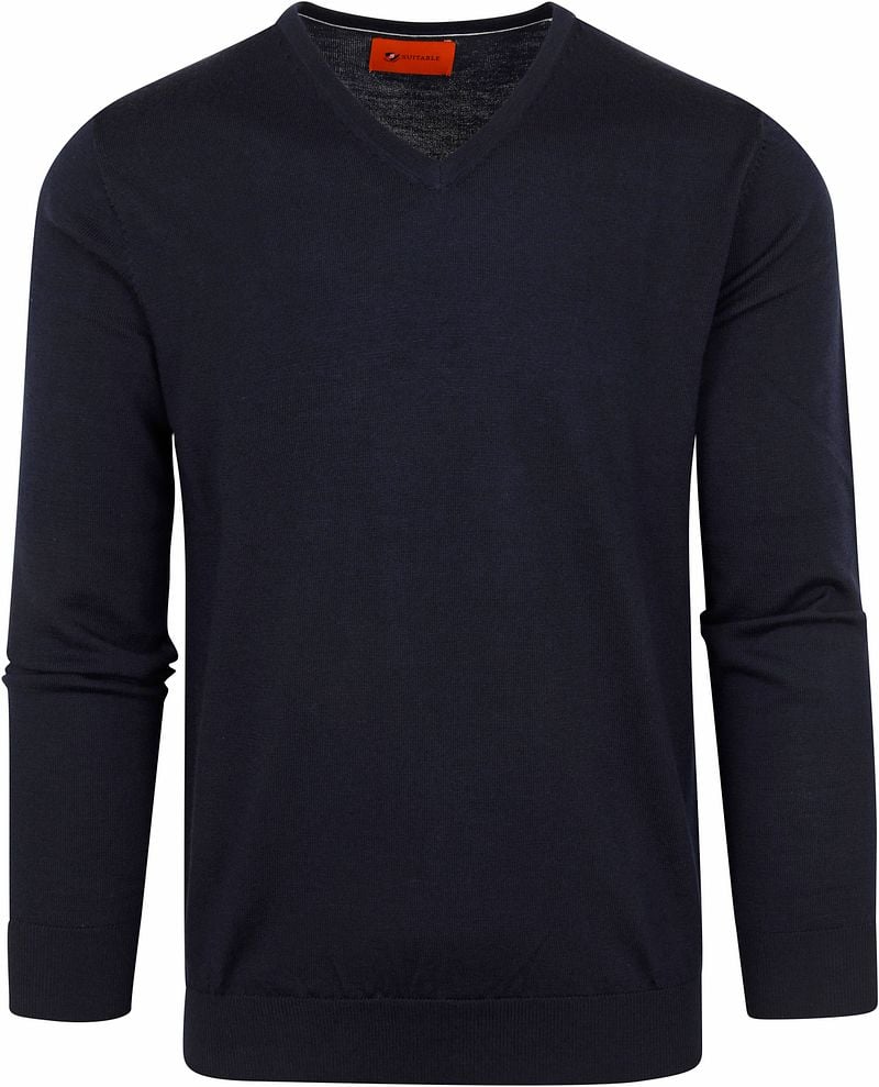 Suitable Pull Col-V Mérinos Marine Bleu Bleu foncé taille S