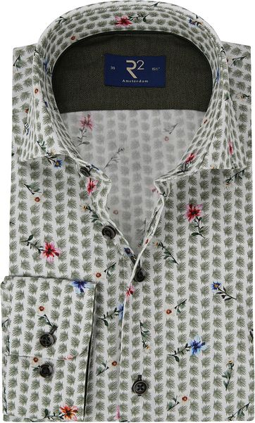 R2 Overhemd Poplin Groen Bloemen