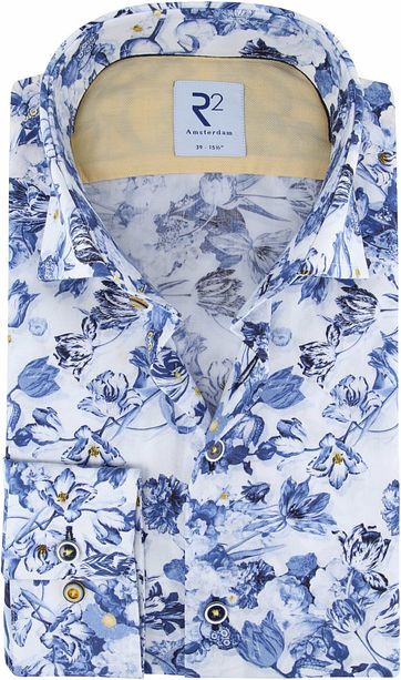 R2 Overhemd Wit Blauw Bloemen