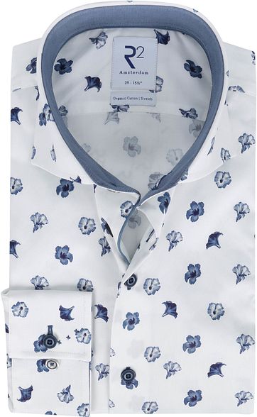 R2 Shirt White Flowers Dark Blue
