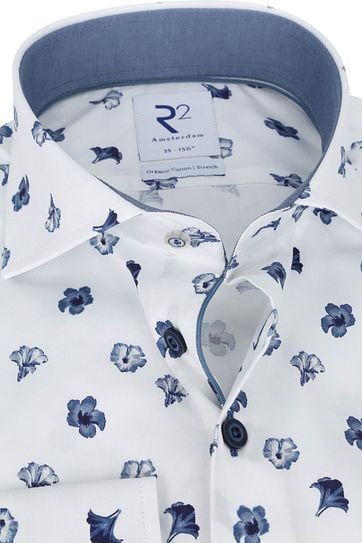 R2 Shirt White Flowers Dark Blue